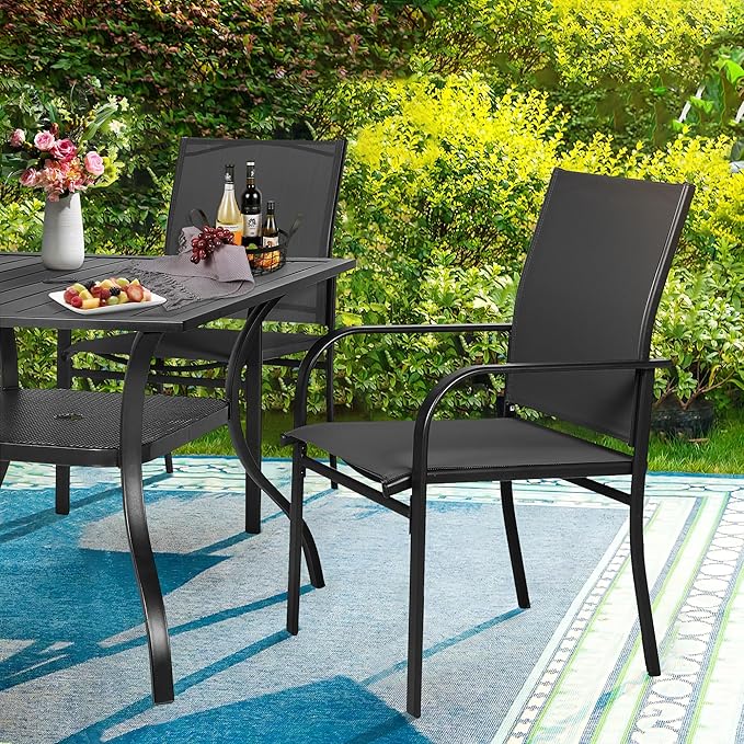 Crownland 5 Piece Patio Dining Set, Textilene Dining Sets, 4 Textilene Metal Chairs and Square Outdoor Dining Table with Sky Blue 9FT Round Outdoor Umbrella (Black)