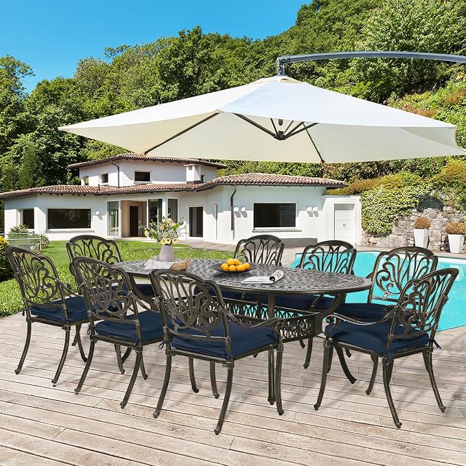 9-Piece Patio Dining Set, Outdoor Patio Table and Chair Set of 84” Oval Cast Aluminum Dining Table with Umbrella Hole and 8 Outdoor Dining Cushion Chairs, Patio Funiture Set for Garden, Navy