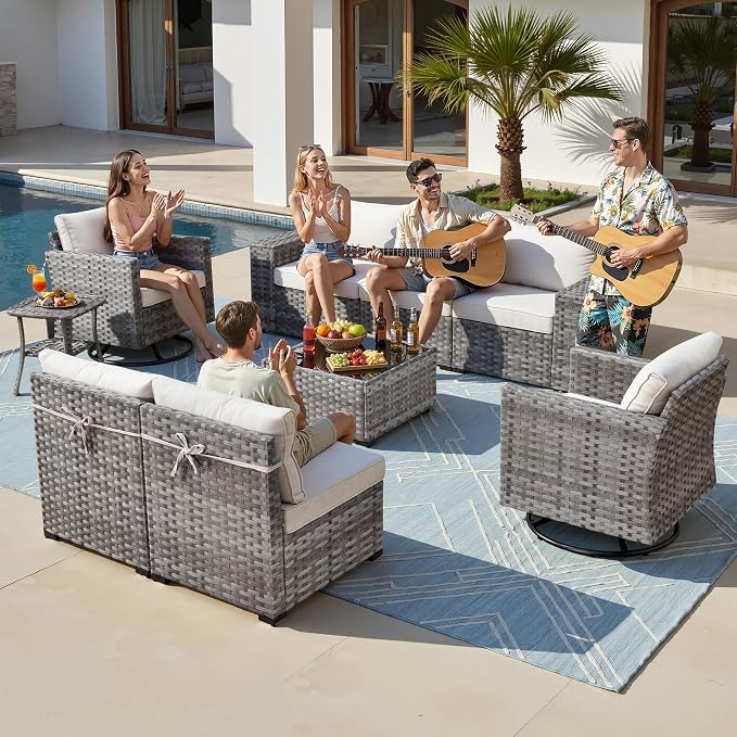 9-Piece Patio Furniture Set, Outdoor Wicker Furniture Sectional Set with Coffee Table, High Back Swivel Rocker Patio Chairs, Modern Rattan Outdoor Conversation Set for Porch, Balcony, Garden, Beige