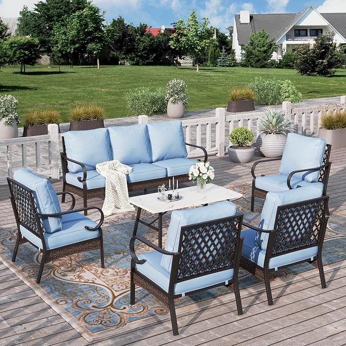 HERA'S HOUSE 6 Piece Metal Patio Furniture Set, All Weather Outdoor Conversation Set with 3-Seat Sofa, 4 Fixed Chairs & Coffee Table, 7 Seats for Backyard, Garden, Deck, Blue