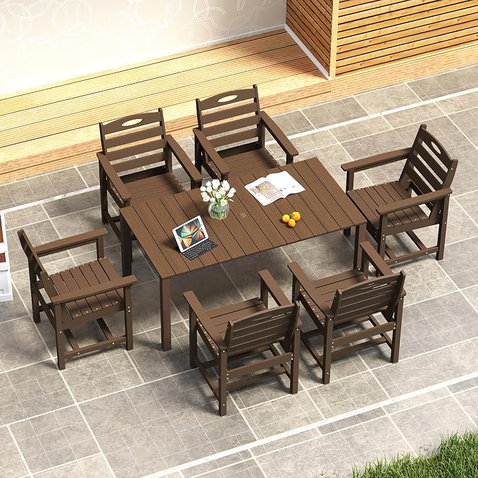 Domi HDPE Outdoor Dining Set, All-Weather 7 Piece Outdoor Dining Table Set with 2" Umbrella Hole, Outdoor Patio Dining Set for Garden, Poolside, Backyard, Deck, Brown