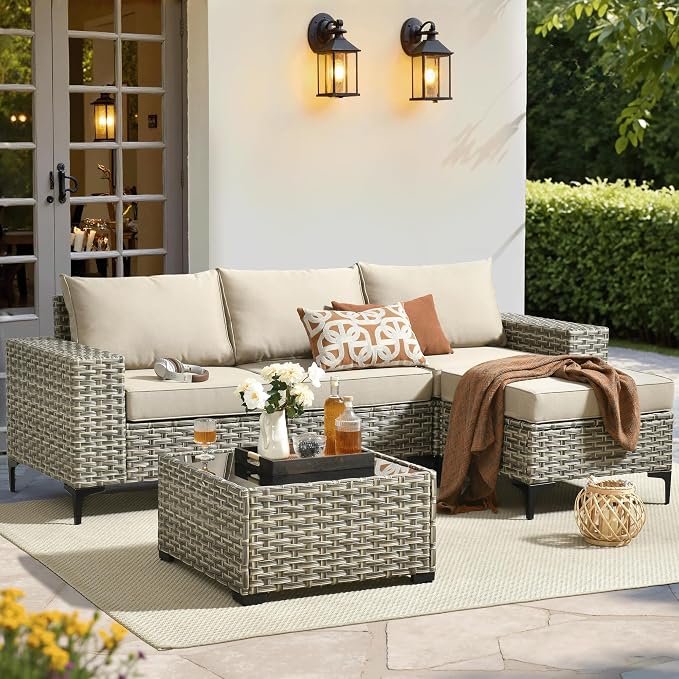 ovios 5-Piece Patio Furniture Set with L-Shape Sofa Chaise, Outdoor Sectional Couch Coffee Table, Modern Modular Wicker Rattan Conversation Set, Beige