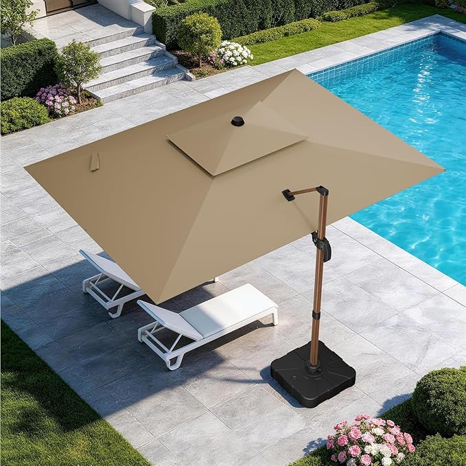 GENTEACO 10x13FT Wood Pattern Cantilever Patio Umbrella, Double Top Rectangle Offset Umbrella 7 Angle Tilts & 360° Rotation, Large Heavy Duty Outdoor Sun Umbrella for Pool Market, Tan