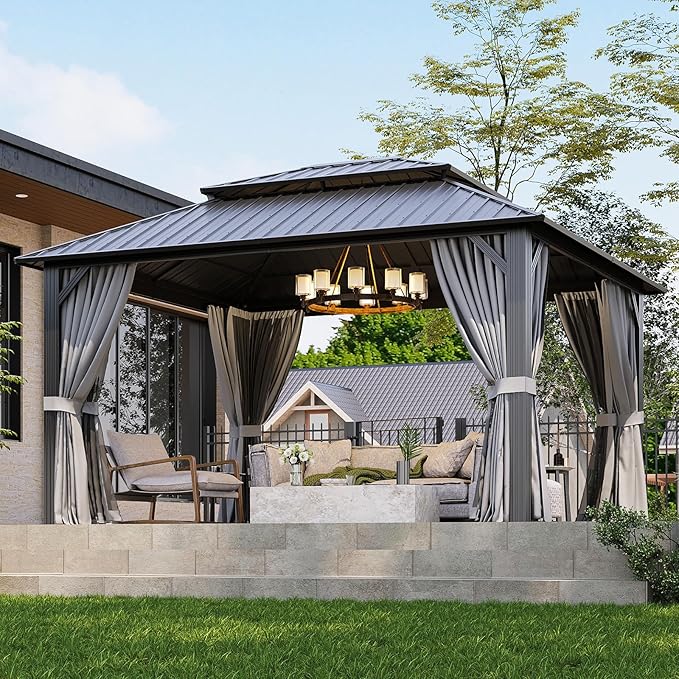 12x14FT Hardtop Gazebo, Metal Frame with Double Galvanized Steel Roof, Permanent Outdoor Pergola with Curtains and Netting Included for Backyard, Patio, Lawn and Garden, Gray