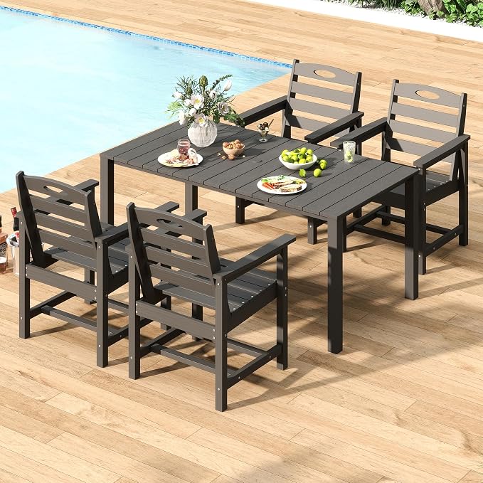 Domi HDPE Outdoor Dining Set, All-Weather 5 Piece Outdoor Dining Table Set with 2" Umbrella Hole, Outdoor Patio Dining Set for Garden, Poolside, Backyard, Deck, Grey