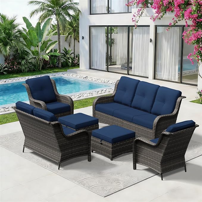 6 Piece Outdoor Wicker Patio Furniture Set, Patio Chairs Set with Thickened Olefin Cushions, High Back and Deep Seating, Hand-Woven PE Rattan, Ottoman for Porch, Deck