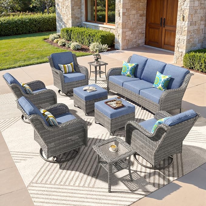 ovios 9-Piece Patio Furniture Set with Swivel Chairs Side Table, Outdoor Wicker Sofa with Comfy Cushions, High Back Couch Modern Conversation Sets, Grey/Denim Blue