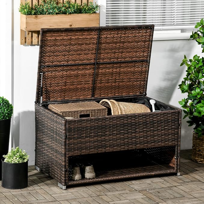 Outdoor Deck Box Shoe Storage, PE Rattan Wicker Towel Rack with Liner for Indoor, Outdoor, Patio Furniture Cushions, Pool, Toys, Garden Tools, Brown