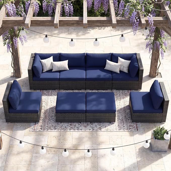 NICESOUL Outdoor Sofa Set of 8, Deep Seating Extra Large Patio Conversation Set, 29.3'' High Back Modern Luxury Wicker Modular Sectional for Backyard Lawn Deck Garden, 2 Color Cushions Navy & Gray