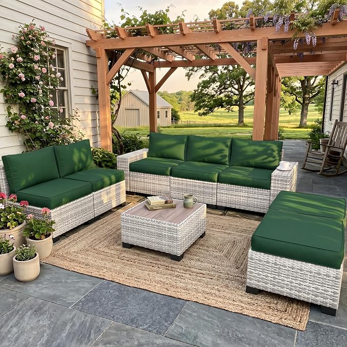 8-Piece Outdoor Patio Furniture Set Wicker Sectional Sofa Set with Ottomans, Patio Conversation Set with Thickened Cushions & Coffee Table for Garden, Backyard, Poolside, Green