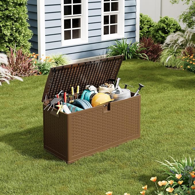 73 Gallon Outdoor Storage Box, Large Waterproof Resin Deck Box Indoor and Outdoor Use, Lockable Patio Storage Box for Garden Cushions, Tools, Equipment, Brown