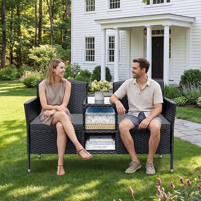 Devoko Outdoor Patio Loveseat Modern Rattan 2-Seat Patio Conversation Set with Cushions & Built-in Coffee Table Porch Furniture for Garden Lawn Backyard (Grey)