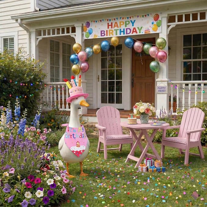 Happy Birthday Goose Outfit Porch Goose Outfits with Happy Birthday Cake Hat and Bandana Yard Geese Outfits for 23" 17" Cement/Plastic Porch Goose Outdoor Statue Patio Yard Lawn Art (Pink)