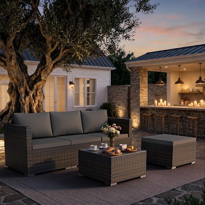 Skyfish Patio Furniture Set - Wide Armrests - All-Weather 5 Piece Outdoor Wicker Sectional Couch with Chaise Lounge,Couch Conversation Set, PE Rattan Sofa for Backyard Porch Poolside Brown/Medium Gray