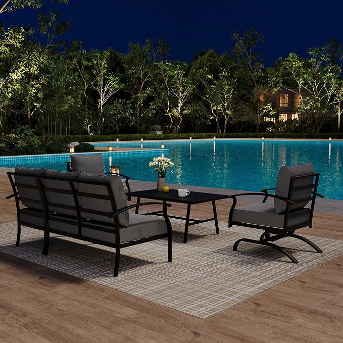 Kurapika Metal Patio Furniture Set 5-Seat Modern Metal Bistro Set Outdoor Conversation Sets, 2 Piece Patio Rocker Chairs with Thick Cushion and Coffee Table for Garden Backyard Deck Lawn, Grey