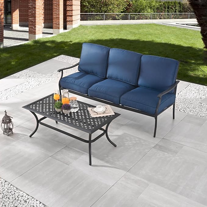 LOKATSE HOME 3 Seat Metal Patio Loveseat Bench Outdoor Furniture Bistro Set with Coffee Table for Lawn Front Porch Garden Yard or Poolside, Blue