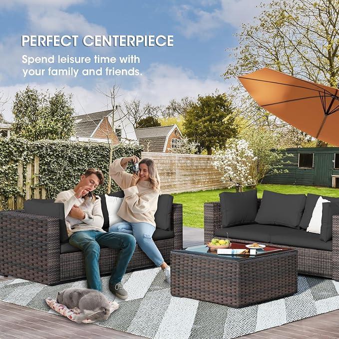 3 Piece Patio Furniture Set All Weather PE Rattan Outdoor Sectional Sofa Couch with No-Slip Cushions and Glass Top Table for Garden, Poolside, Backyard (Black)