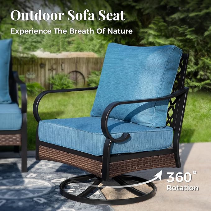 MIXPATIO Patio Furniture Set with Fire Pit Table, Metal Outdoor Conversation Set with 5.75'' Extra Thick Cushion, 2 Swivel Chairs, 2 Leg Chairs, 3-Seat Sofa and Gas Fire Pit Table, Pacific Blue