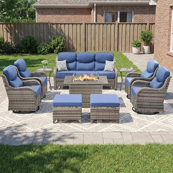 Luxury Patio Furniture Set 10pcs with 6-inch Cushion, Outdoor Furniture with Fire Pit Table, Swivel Chairs, Sofa, Side Table, Ottomans, Patio Set for Deck Yard Grey Wicker | Blue Cushions