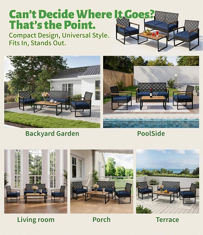 4-Piece Outdoor Patio Furniture Set, Wicker Sofa and Chairs with Cushions, PE Rattan All-Weather Conversation Set with Coffee Table for Backyard, Patio, Poolside, Garden, Lawn, Deck, Black