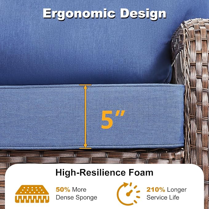 7 PCS Patio Furniture Set Outdoor Sectional Sofa Couch with Rocking Swivel Chairs 5" Deep Seat Chairs, Modern Wicker Rattan Conversation Set, Blue/Brown Wicker