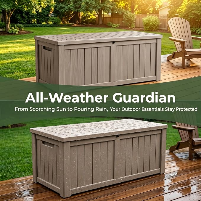151 Gallon Large Resin Outdoor Storage Box, Waterproof Deck Box, Lockable Deck Container with Reinforced Support, Outdoor Chest for Patio Accessories, Outdoor Cushions, Garden Tools, Taupe Gray