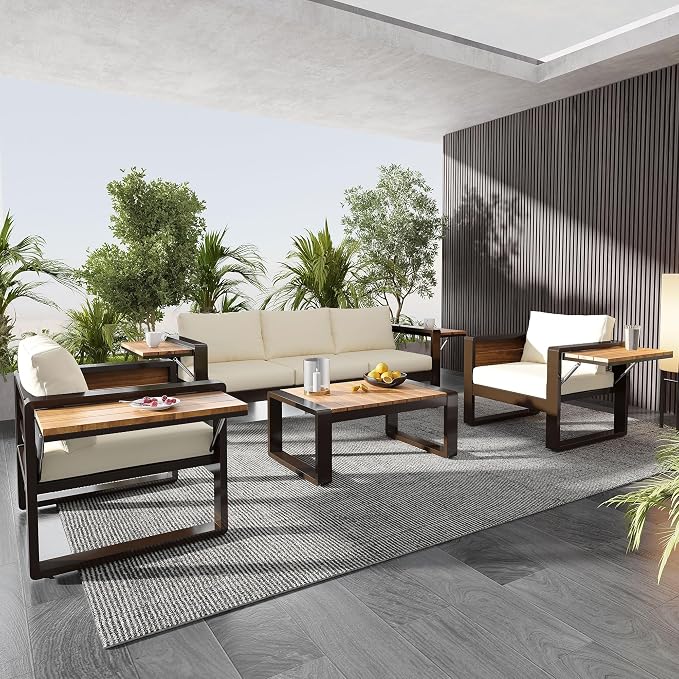 Merax Large 4-Piece Outdoor Patio Furniture Set for 5 Person, 3-Seater Sofa, 2 Armchairs with Fold-Out Side Tables, Aluminum Frame & Plastic-Wood, Modern Garden/Patio Seating, White Cushions