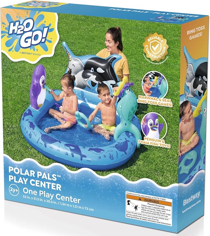 H2OGO! Polar Pals Inflatable Water Play Center, 53" x 51.5" x 28.5" Kids Outdoor Activity Center with Ring Toss Games, & Splash Pool
