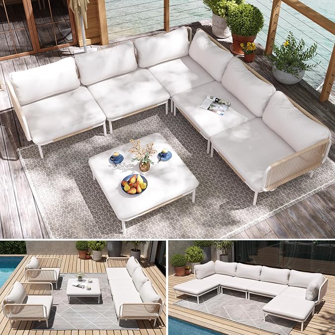 6 Piece Modern Outdoor Sectional Sofa, 31" Oversized Patio Furniture Set with Olefin Woven Rope, Weather-Resistant Metal Frame and Removable Cushion, Beige