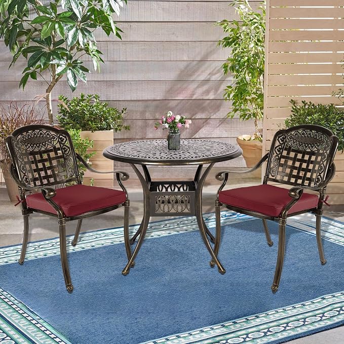 3-Piece Outdoor Patio Dining Set, All-Weather Cast Aluminum Patio Furniture Set for Backyard Garden Deck with 2 Cushioned Chairs and 35.4” Round Table, 2" Umbrella Hole, Chili Red