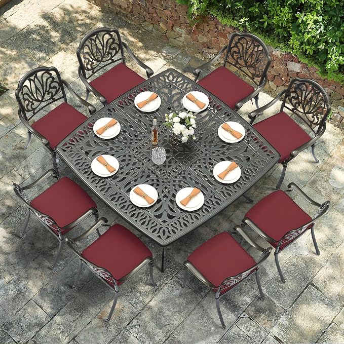 VIVIJASON 9-Piece Outdoor Furniture Dining Set for 8, All-Weather Cast Aluminum Patio Table and Chairs Set with 8 Cushioned Chairs, 64" Large Square Dining Table and Umbrella Hole for Deck Lawn, Red