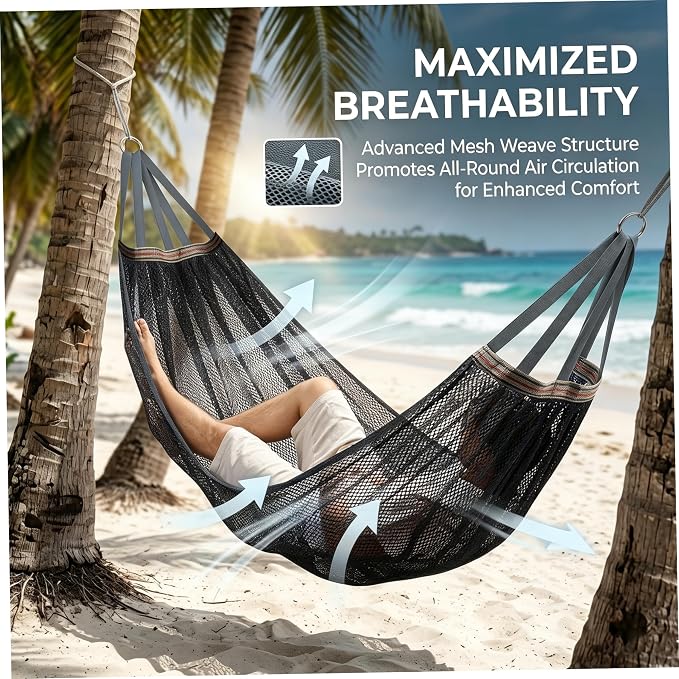Outdoor Hammock Without Stand|Camping Hammock Lightweight Portable, Anti-roll Breathable Mesh Outdoor with Tree Straps & Carry Bag, Black (102.36x51.18in)