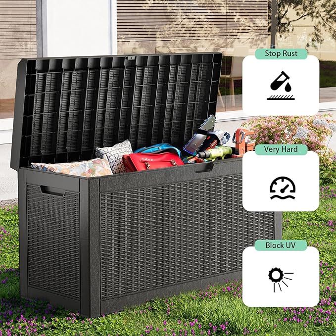 DRATO 70 Gallon Deck Boxes Outdoor Waterproof, Resin Large lockable Storage Box for Patio Furniture Side Table, Waterproof Storage Containers for Pool and Garden Accessories (70 Gallon, Black)