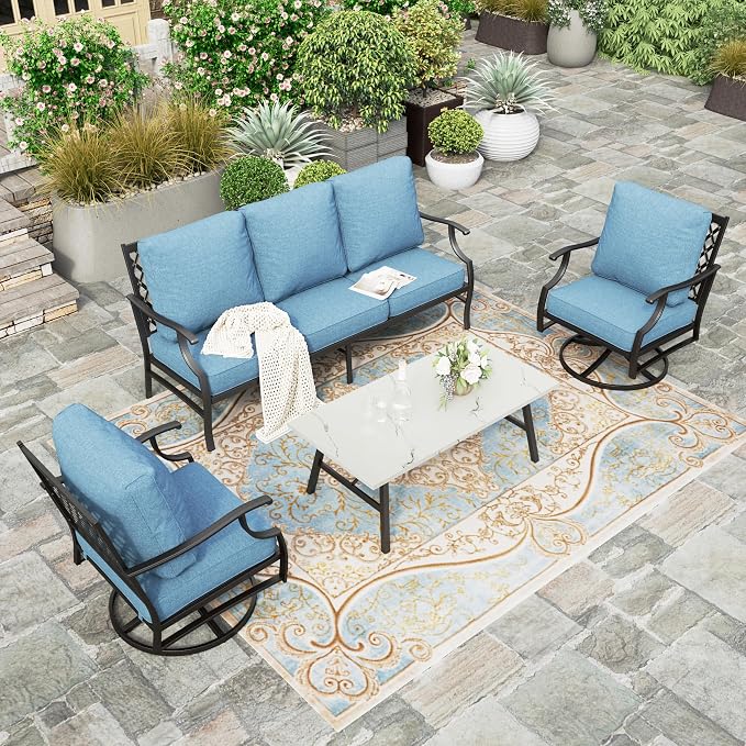 HERA'S HOUSE 4 Piece Patio Furniture Set, 2 x Swivel Cushioned Chair, 3-Seat Sofa with Marbling Coffee Table, All Weather Outdoor Conversation Set for Lawn Garden Backyard, Navy Blue