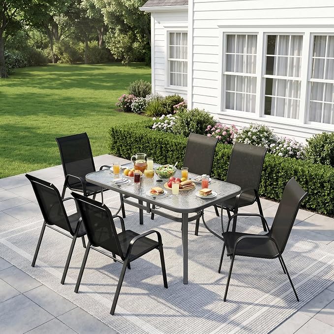 Arlopu 7-Piece Outdoor Table and Chairs for 6, Outdoor Dining Set W/Rectangle Glass Table and Patio Textilene Stackable Chairs, Patio Furniture Set W/Umbrella Hole (Grey Table & Black Chair)
