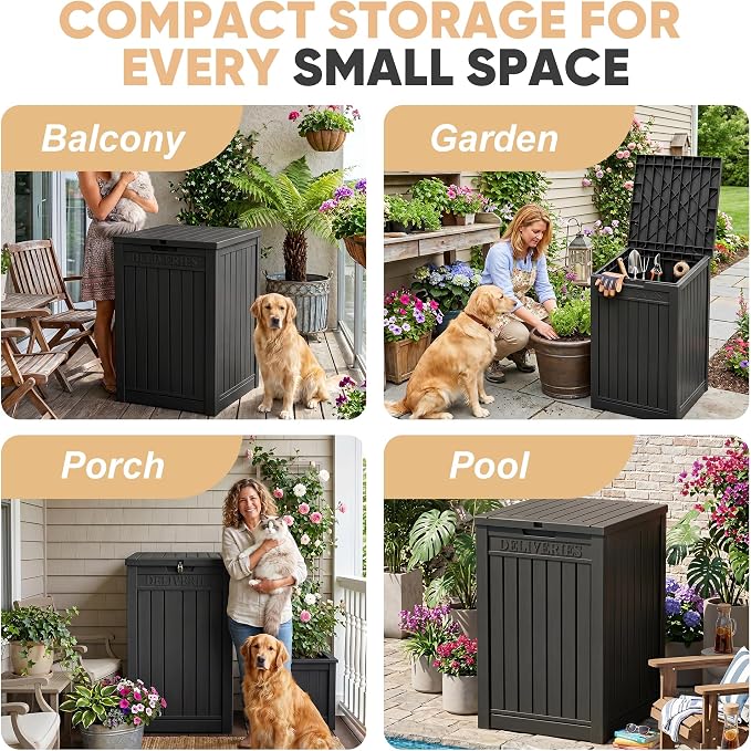 EasyUp 56 Gallon Deck Boxes Outdoor Waterproof, Resin Outside Storage Box for Patio Cushion Furniture Pool Accessories Garden Tools Indoor Outdoor Storage Bench (56 Gallon, Black)