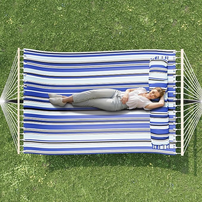 Double Hammock with Stand for 2 Person, Outdoor Freestanding Hammock Bed with 475lb Capacity - Heavy Duty Steel Frame, Quilted Pillow & Portable Carry Bag, Easy Assembly, Blue