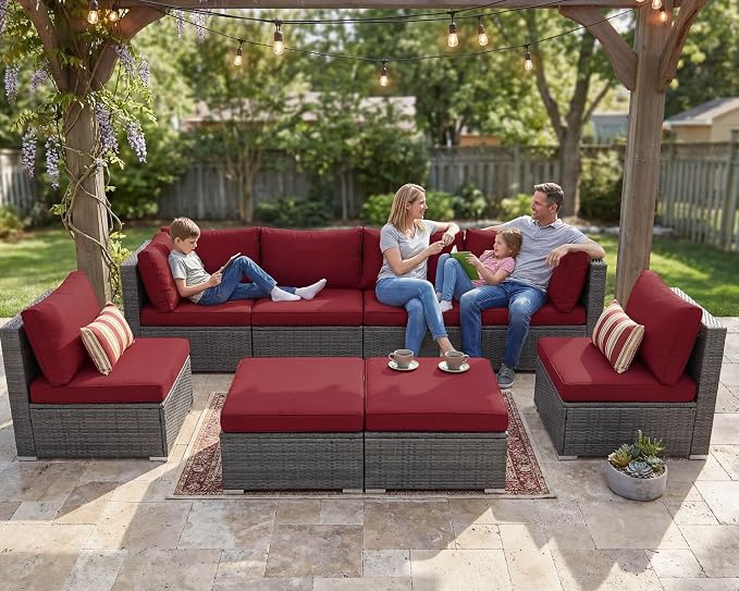 NICESOUL 8 Piece Modern Patio Couch Set, 29.3'' High Back Oversized Wicker Outdoor Sectional Furniture with Ottoman, Wide Seating Comfy Conversations for Backyard Deck, 2 Color Cushion Wine & Gray