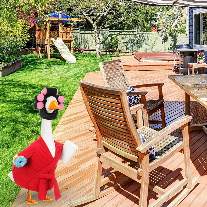 Shyyween Summer Porch Goose Outfits 23 Inch Lady Geese Statue Clothes Funny Porch Goose Red Robe and Curlers Coffee Cup Accessories