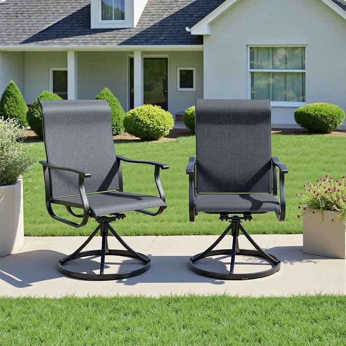 Crownland Outdoor Swivel Dining Chair Set of 6, All Weather 360° Swivel Rocking High Back Model Patio Dining Chairs, Textilene Fabric Wrought Iron Dining Chair Set for Backyard, Lawn, Garden(Black)