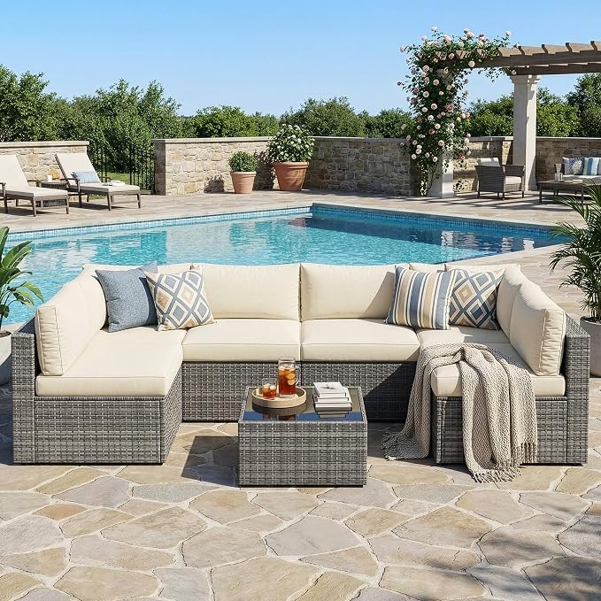 Wisteria Lane 7 Pieces Outdoor Patio Furniture Set, Wicker Outdoor Patio Sectional Sofas with Coffee Table, All-Weather Patio Conversation Set for Garden Backyard, Beige