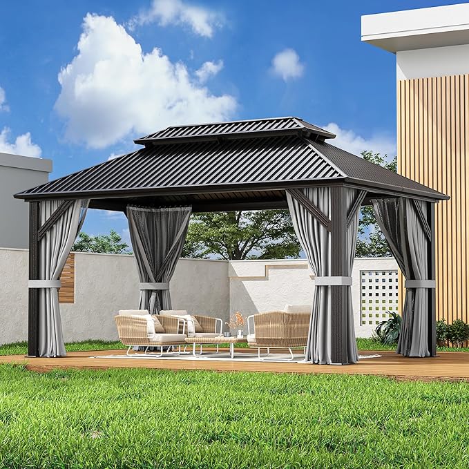 AirWire 10'x14' Gazebo Hardtop Gazebo, Aluminum Frame Pergola with Double Galvanized Steel Roof, Permanent Outdoor Metal Canopy with Curtain & Netting for Patio, Backyard, Deck, Dark Grey