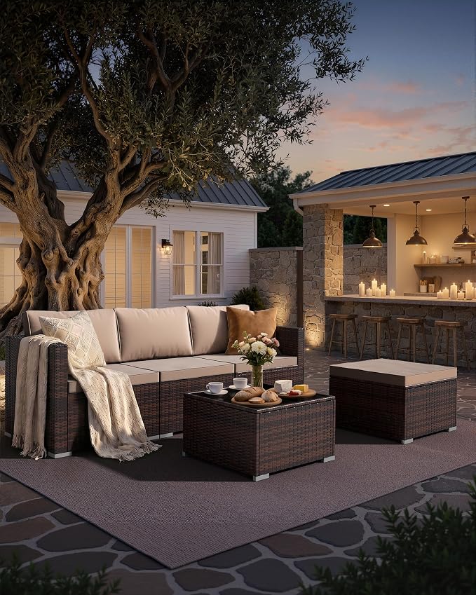Skyfish Patio Furniture Set - Wide Armrests - All-Weather 5 Piece Outdoor Wicker Sectional Couch with Chaise Lounge,Couch Conversation Set, PE Rattan Sofa for Backyard Porch Poolside Brown/Khaki