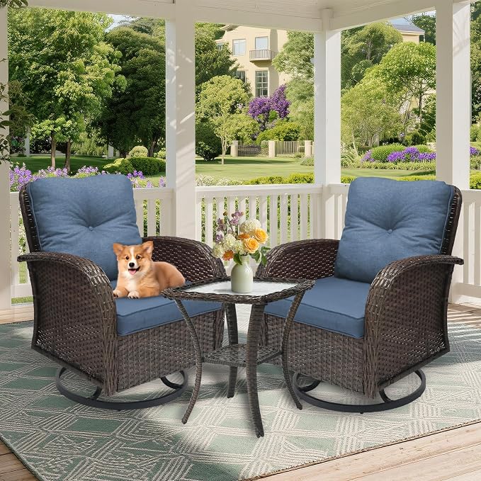 Outdoor Swivel Rocker Patio Chairs 3 Pieces,Swivel Patio Chairs with Cushions,Outdoor Swivel Rocking Chairs Set of 2 with Rattan Side Table,Patio Furniture Set for Outside Porch Deck