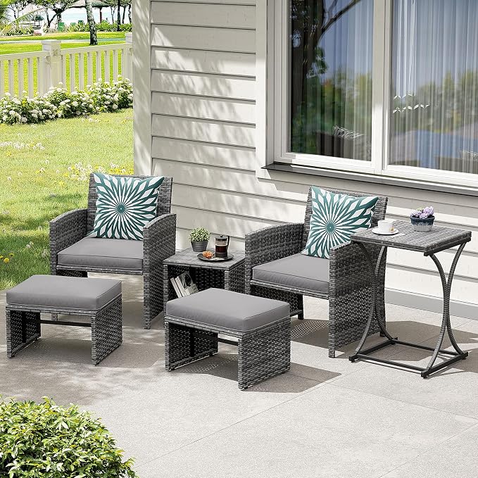 OC Orange-Casual 6 Piece Patio Furniture Conversation Set with Ottoman, Outdoor Grey Wicker Chair and Table Set, Balcony Furniture for Apartments, Light Grey