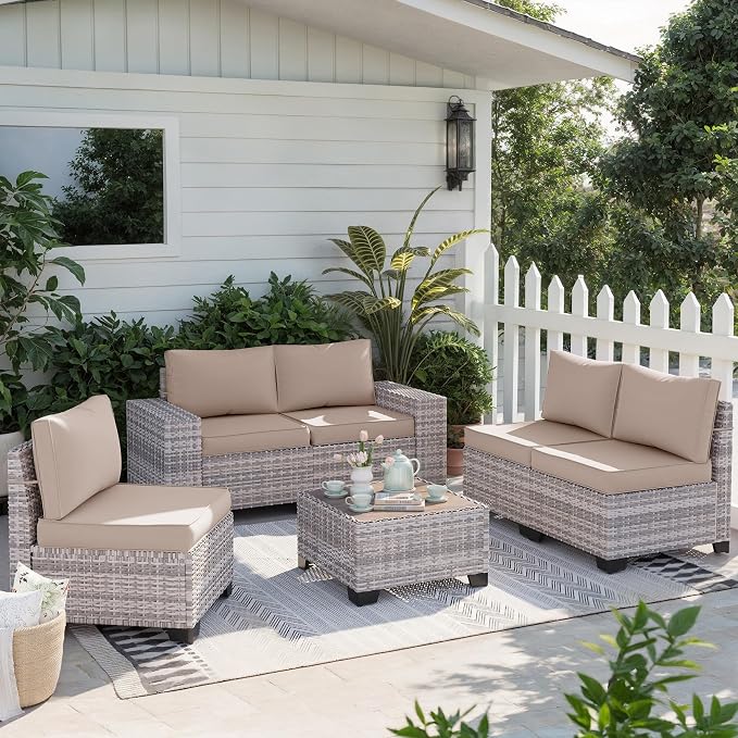 6-Piece Outdoor Patio Furniture Set Wicker Sectional Sofa Set, Patio Conversation Set with Thickened Cushions & Chunky Arms Coffee Table for Garden, Backyard, Poolside, Beige