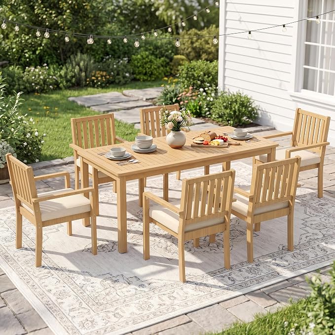 Wisteria Lane 7 Pieces Acacia Outdoor Patio Table and Chairs Set for 6, Patio Outdoor Dining Table Set with Cushion, Modern Outdoor Patio Set for Deck Lawn Backyard Garden, Brown