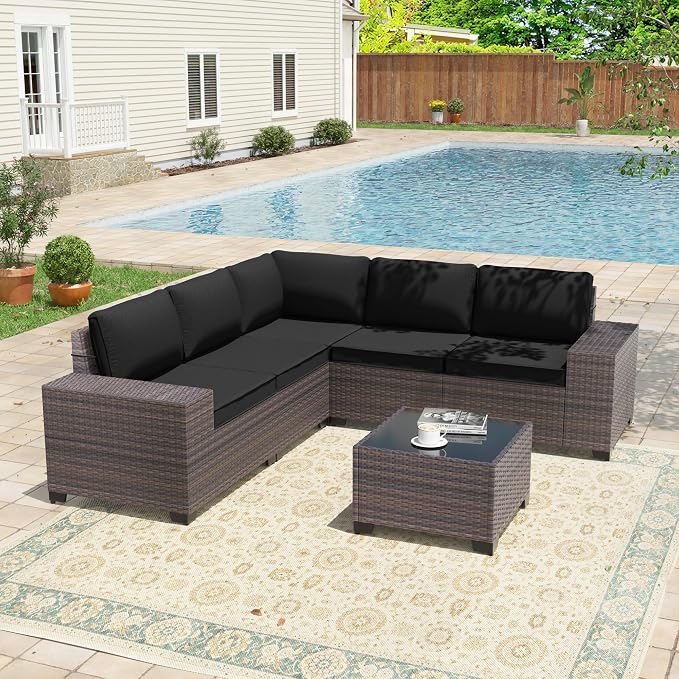 6 Pieces Patio Furniture Sets with Glass Tea Table,PE Rattan Wicker Patio Conversation Set with Washable Cushions,Outdoor Patio Sectional Furniture Set for Backyard, Poolside, Garden,Black