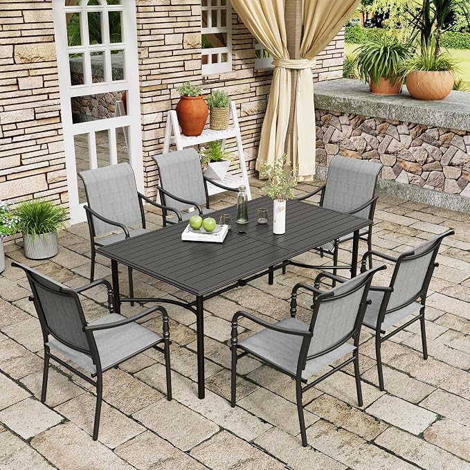 MIXPATIO 7 Pieces Outdoor Table and Chairs, Patio Dining Set for 6, 6 x Textilene Dining Chairs, Rectangular Outdoor Dining Table with Umbrella Hole for Lawn Garden Backyard Deck, Grey