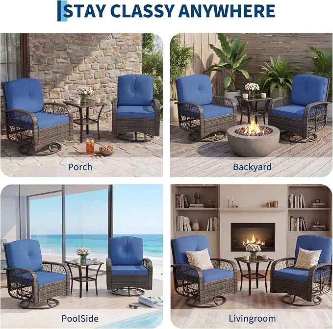 3-Piece Patio Furniture Set, 2 Swivel Rocking Chairs with 1 Rattan Side Table, Tempered Glass Tabletop, Patio Conversation Set for Deck, Porch, Garden, Poolside (Gray Wicker & Blue Cushions)